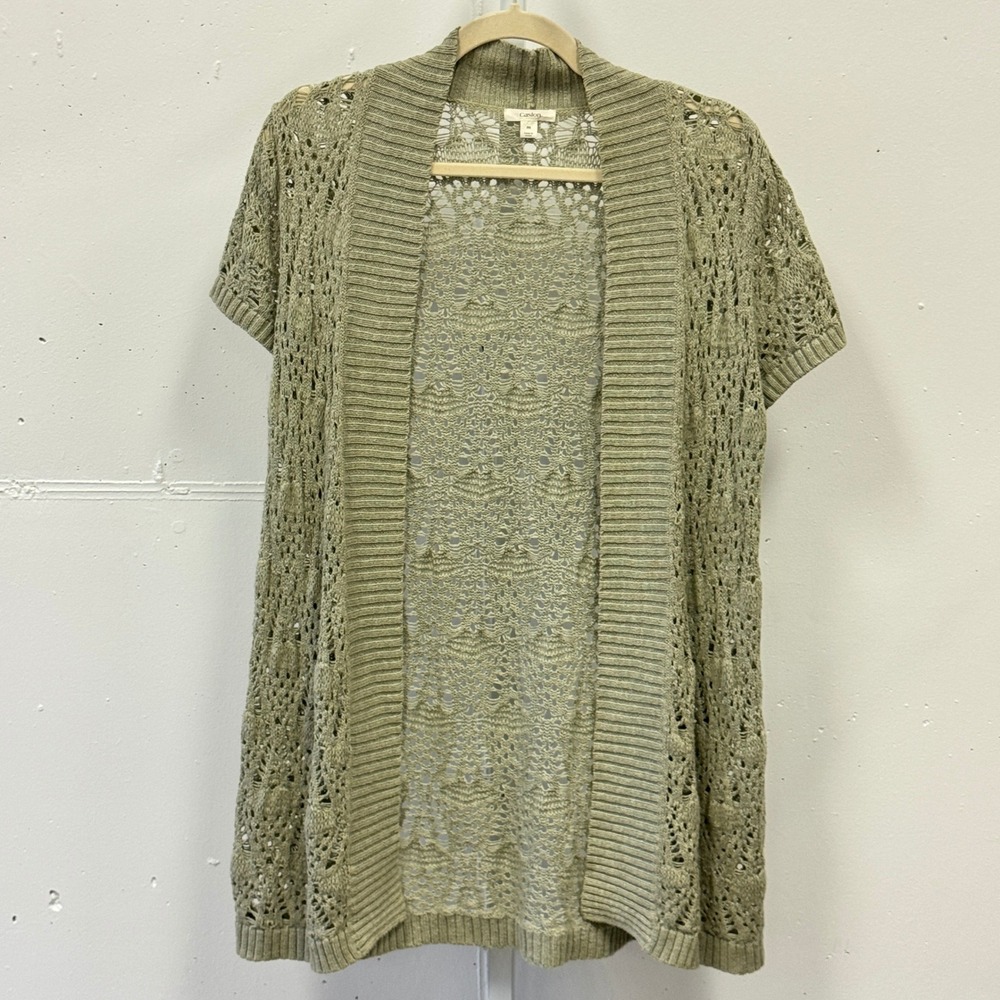 Caslon Green Crochet Knit Open Front Cardigan Short Sleeve 100% Cotton Medium